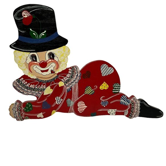Vintage Hand Crafted Set of 2 Wood Cut Out Clown Wall Decor MCM Collectible - Picture 4 of 16